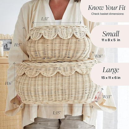 BEBE BASK The Original Scalloped Basket Set Of 2 – Small Scallop Basket - 15 x 10 x 6 In - Hand-Woven & Award-Winning - Elegant Wicker With Scalloped Edge Lid - Nursery Storage - (Natural)