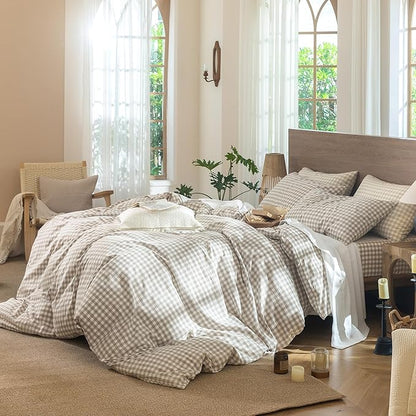 MooMee Gingham Duvet Cover Set 100% Washed Cotton Linen Like Textured Breathable Durable Soft Comfy Modern Checkered Design (Tannish Linen Grey Gingham, Twin 68"x90")