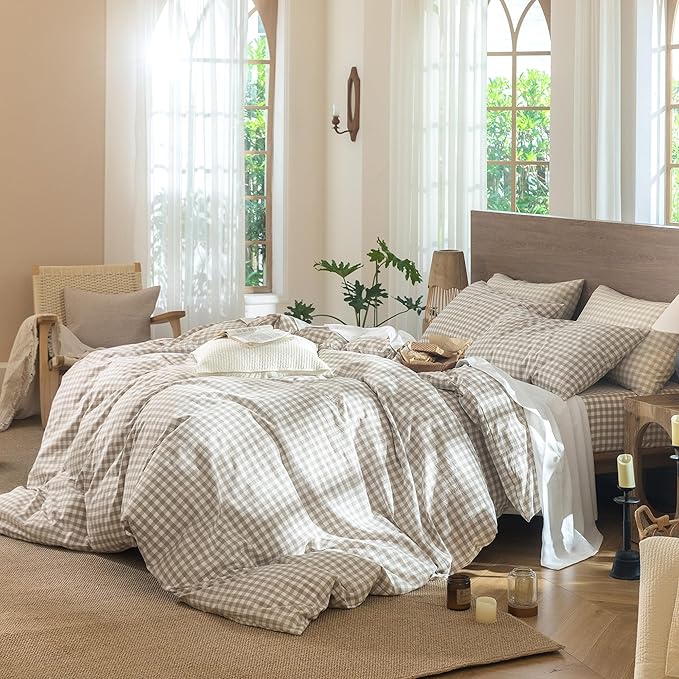 MooMee Gingham Duvet Cover Set 100% Washed Cotton Linen Like Textured Breathable Durable Soft Comfy Modern Checkered Design (Tannish Linen Grey Gingham, Super King 108"x98")
