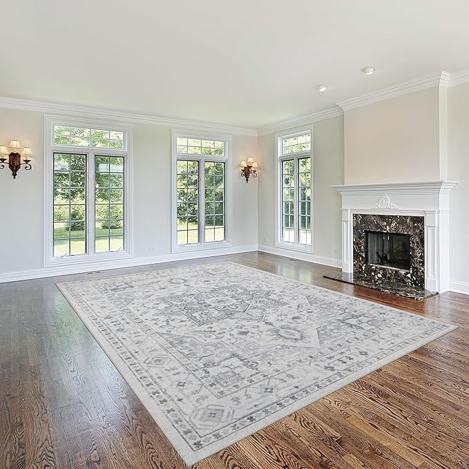 Area Rug 8x10 Washable Area Rugs for Living Room- Ultra Soft Non-Shedding Faux Wool Bedroom Rug Large Grey Vintage Print Rugs with Non Slip Rubber- Indoor Retro Foldable Carpet for Dining Room