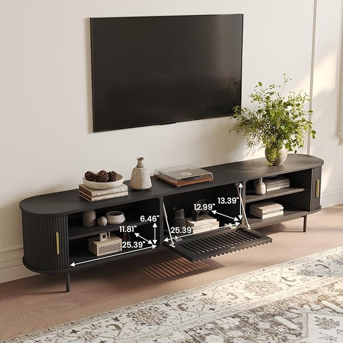 POVISON Fully-Assembled Mid Century Modern TV Stand for 75+ inch TV, Sliding Door Entertainment Center with Storage, Wood TV Console, Media Console for Living Room Bedroom(Black, 94.49")