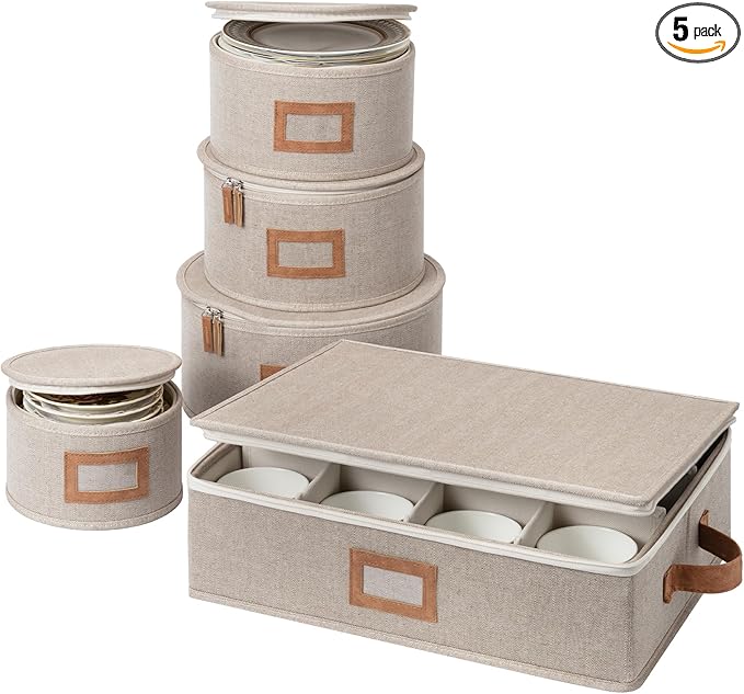 StorageWorks China Storage Containers, Hard Shell Storage Boxes for Plates, Mugs, Stemware Storage Cases, Holds up to 12 Place Settings, Foldable and Stackable Organizers, 5 Pack, Brown and Beige