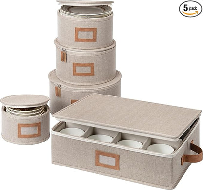 StorageWorks China Storage Containers, Hard Shell Storage Boxes for Plates, Mugs, Stemware Storage Cases, Holds up to 12 Place Settings, Foldable and Stackable Organizers, 5 Pack, Brown and Beige