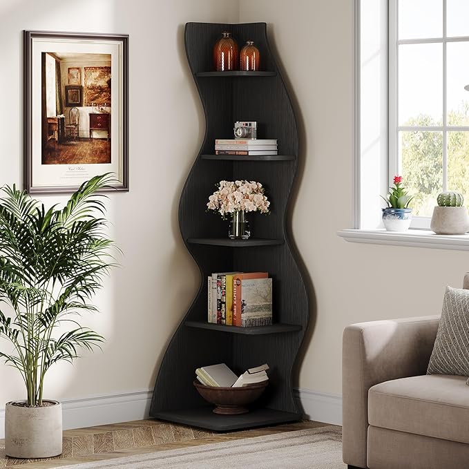 Tribesigns Wavy Corner Shelf, Modern 5-Tier Bookshelf Bookcase with Curvy Shape, Unique Plant Stand Display Rack for Living Room Small Space (Black)