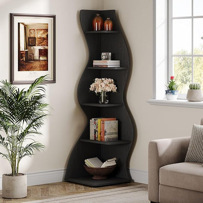 Tribesigns Wavy Corner Shelf, Modern 5-Tier Bookshelf Bookcase with Curvy Shape, Unique Plant Stand Display Rack for Living Room Small Space (Black)