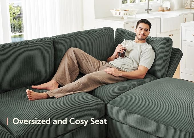 HONBAY Modular Sectional Sofa with Storage Corduroy Sectional Couches with Chaise L Shaped Sectional Couches for Living Room,Green