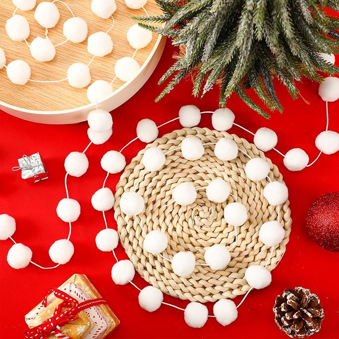 MARFOREVER 4 Pack 26.3 Ft Winter White Pom Pom Garland Ornaments, 30 Balls Christmas Felt Garland Hanging Supplies for Winter Wonderland Christmas School Classroom Fireplace Wall Home Party Decoration
