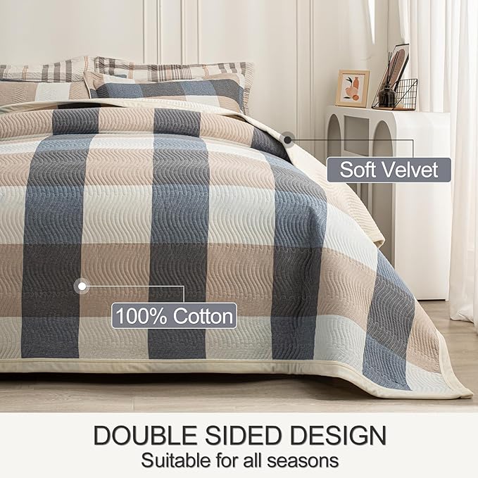 Cotton Plaid Quilt Set King 3 Piece Reversible Bedding, Grid Beige Blue