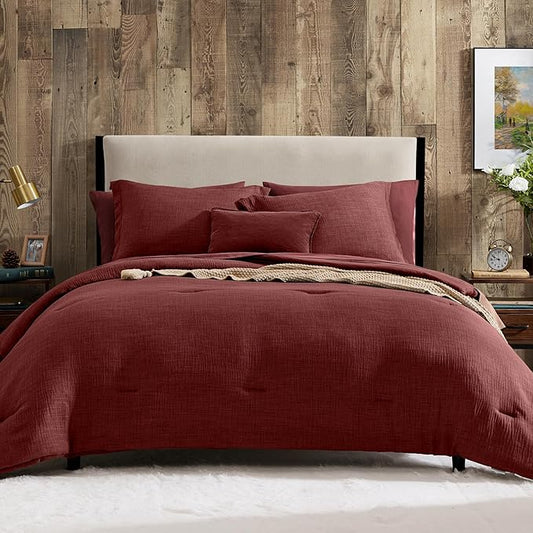 Geniospin King Comforter Set - 7 Pieces Comforter King Size, Soft Solid Bedding Set for All Season, Textured Bed in a Bag with Sheets, Pillowcases & Shams (Bright Red, 102''x90'')