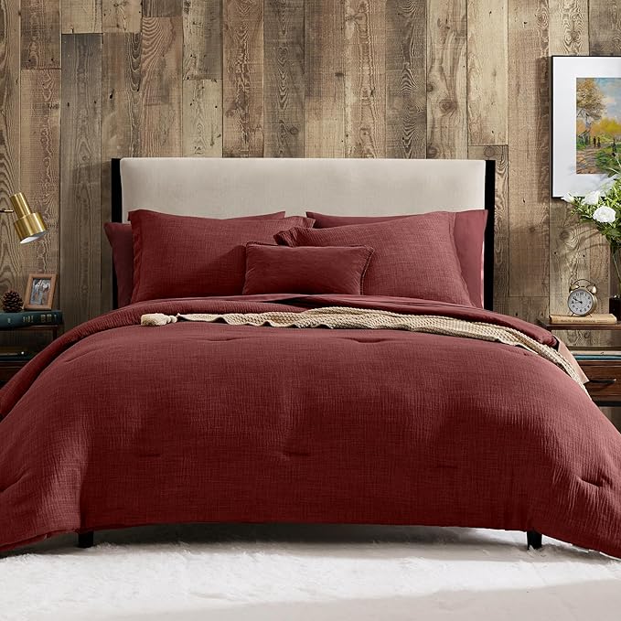 Geniospin Bright Red Full Comforter Set - 7 Pieces Comforter Full Size, Solid Bedding Set for All Season, Textured Bed in a Bag with Sheets