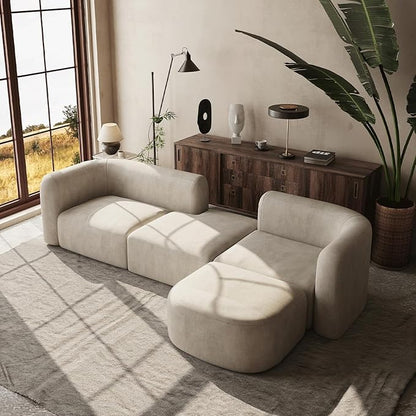 Acanva Luxury Modern Tight Curved Back Velvet Sofa, Minimalist Style Comfy Couch for Living Room Apartment, 4 Seater Modular Sectional, Cream