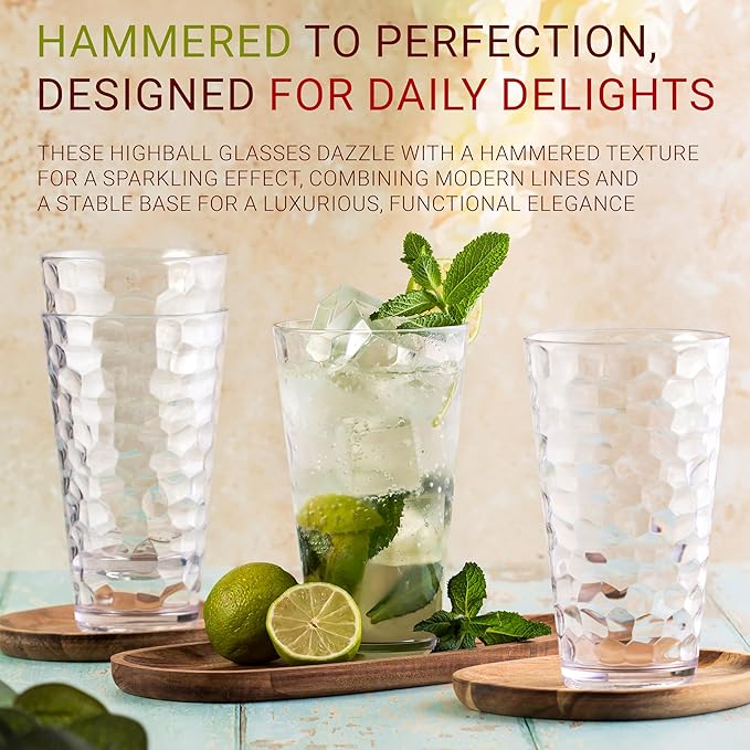 Hammered Plastic Drinking High Tumbler, Dishwasher-Safe Premium Quality Glasses, BPA-Free Reusable Outdoor Cups, 22 oz Set of 6
