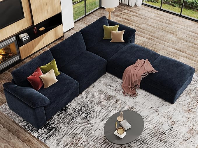 EASE MOOSE Blue Modular Sectional Couch,Oversized Deep Seat L Shape Sectional Couch,Comfty Chenille Modular Sofa for Living Room, Removable Cover