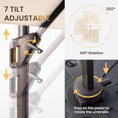 10 X 13 FT Cantilever Patio Umbrella with Base Included Outdoor Heavy Duty Double Top Windproof Rectangle Offset Umbrellas with 360-degree Rotation for Pool Deck Backyard, Beige