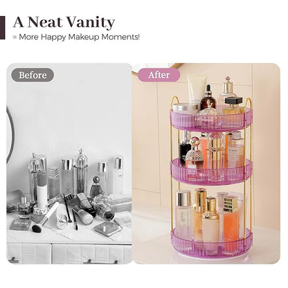 Aveniee Rotating Makeup Organizer for Vanity, Perfume Skincare Organizerss Large, Spinning Bathroom Counter Shelf Holder for Cosmetics, Skin Care, Lipsticks,3 Tiers, Purple