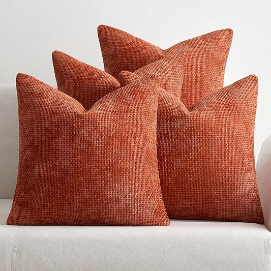 MIULEE Fall Pack of 4 Throw Pillow Covers 16x16 Inch Burnt Orange Soft Decorative Chenille Pillow Covers Farmhouse Accent Cushion Covers for Boho Home Decor Bedroom Living Room