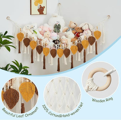 Pretty Jolly Stuffed Animal Storage with Hand Woven Leaf Tassels Hammock Corner Hanging Net Boho Macrame Plush Storage for Kid Room Nursery Decor Wall Display for Girls Gift(Dark Yellow&Caramel)