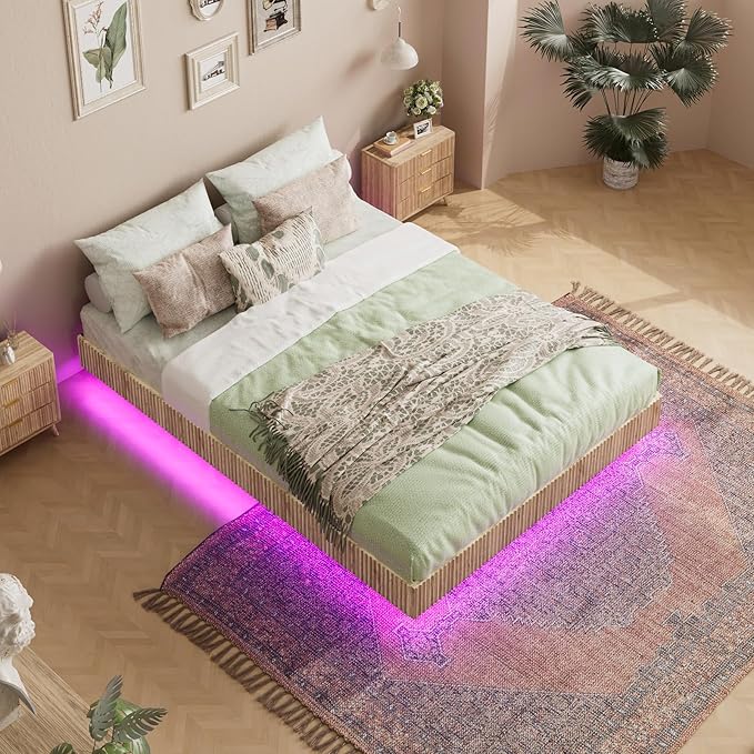 Evermagin Natural Full Floating Bed Frame with led Lights, Bohemia Fluted Floating Platform Bed No Headboard, Heavy Duty Metal Float Bedframe, No Box Spring Needed