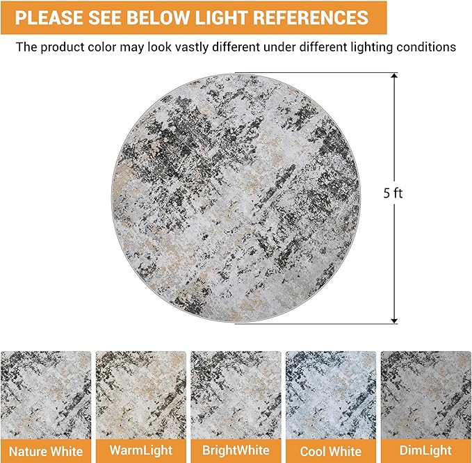 Round Rug 5ft Circle Rug Washable: Carpet Small Circular Area Rug for Entryway Kitchen Bedroom Dining Room Living Room 5 Feet Abstract College Dorm Non Slip Low Pile Black Grey Gold