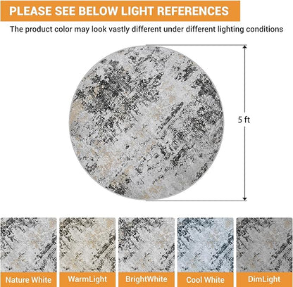 Round Rug 5ft Circle Rug Washable: Carpet Small Circular Area Rug for Entryway Kitchen Bedroom Dining Room Living Room 5 Feet Abstract College Dorm Non Slip Low Pile Black Grey Gold