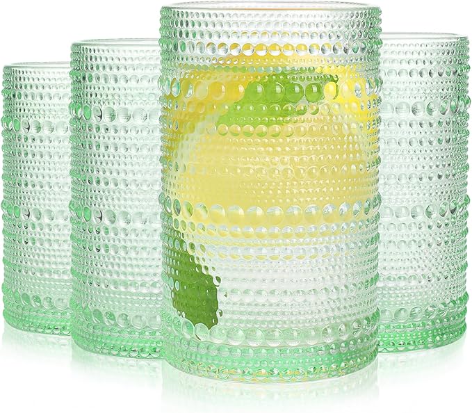 Green Hobnail Glasses Drinking Set of 4, 12 oz Cocktail Glasses, Green Vintage Glassware for Beer, Cocktail, Soda, Juice, Coffee and Various Mixed Drinks