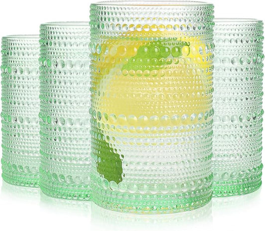 Green Hobnail Glasses Drinking Set of 4, 12 oz Cocktail Glasses, Green Vintage Glassware for Beer, Cocktail, Soda, Juice, Coffee and Various Mixed Drinks