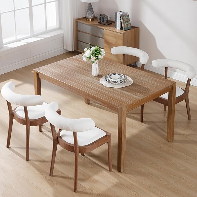 Wood Dining Chairs Set of 6, Mid Century Modern Living Room Chairs with Unique Curved Open Back Comfy Upholstered Side Chair for Kitchen/Restaurant/Reception, Linen White