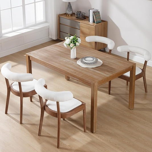 Wood Dining Chairs Set of 6, Mid Century Modern Living Room Chairs with Unique Curved Open Back Comfy Upholstered Side Chair for Kitchen/Restaurant/Reception, Linen White