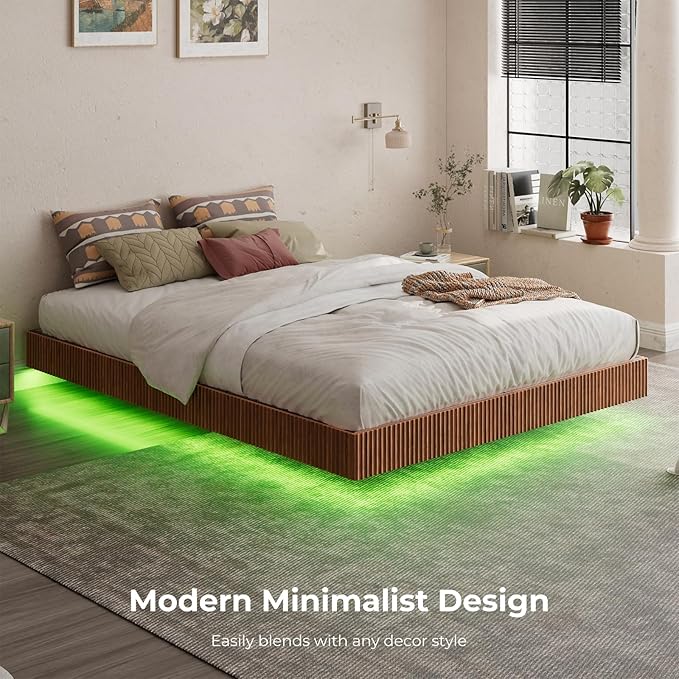 Evermagin Walnut Queen Floating Bed Frame with led Lights, Mid Century Modern Fluted Floating Platform Bed No Headboard, Heavy Duty Metal Float Bedframe No Box Spring Needed