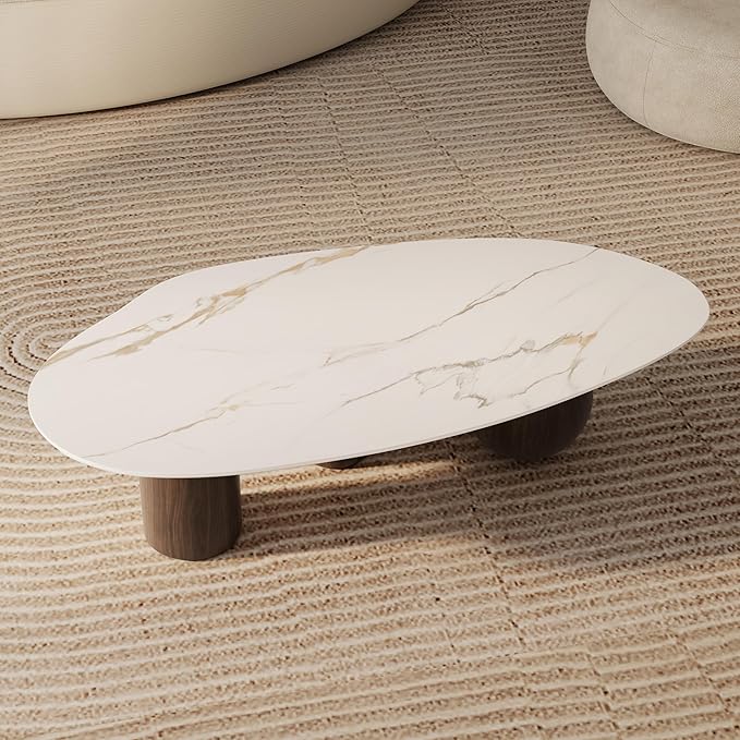 Modern Oval Coffee Table for Living Room, 54" Sintered Stone Cloud Coffee Tabletop with 3 Metal Legs, Minimalist Living Room Table Tea Table Center Table for Home Office