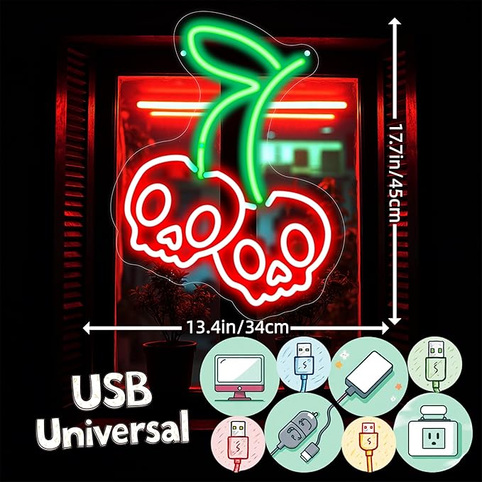 Cherry Skull Neon Sign, Gothic Neon Sign, Halloween Skull Lover Gifts, Skull Room Wall Decor for Man Cave Beer Bar Club Game Room Halloween Party Decor Gifts-Large-17.72IN