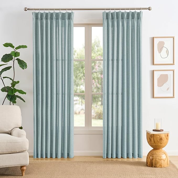 Light Blue Linen Pinch Pleat Curtains 86 Inches Long 50 Wide Per Panel Pleated Semi Sheer Textured Drapes Hooks Back Tab Coastal Modern Light Filtering Curtain 2 Panels Set