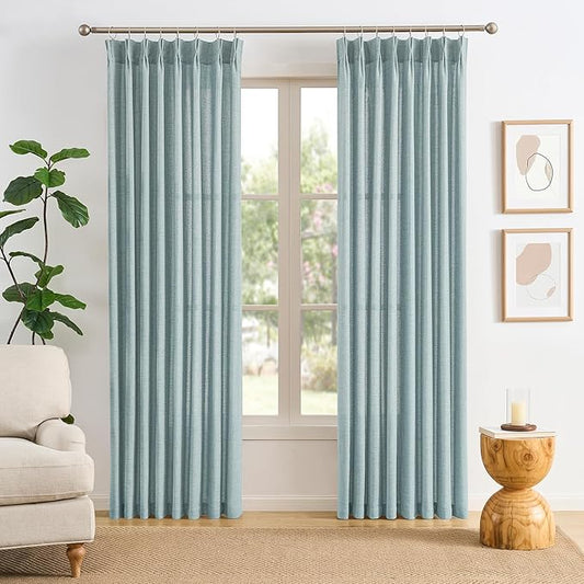 Light Blue Linen Pinch Pleat Curtains 92 Inches Long 50 Wide Per Panel Pleated Semi Sheer Textured Drapes Hooks Back Tab Coastal Modern Light Filtering Curtain 2 Panels Set