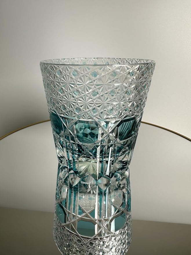 Hand Cut Whiskey Glass Japanese Style Edo Kiriko Inspired Sea Aquamarine Fluorite Tumbler 10oz Lead Free Blown Glass, Blue Design