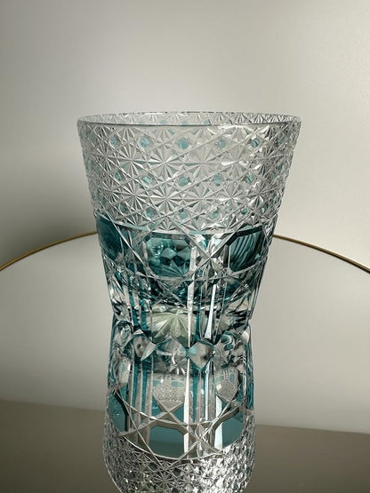 Hand Cut Whiskey Glass Japanese Style Edo Kiriko Inspired Sea Aquamarine Fluorite Tumbler 10oz Lead Free Blown Glass, Blue Design