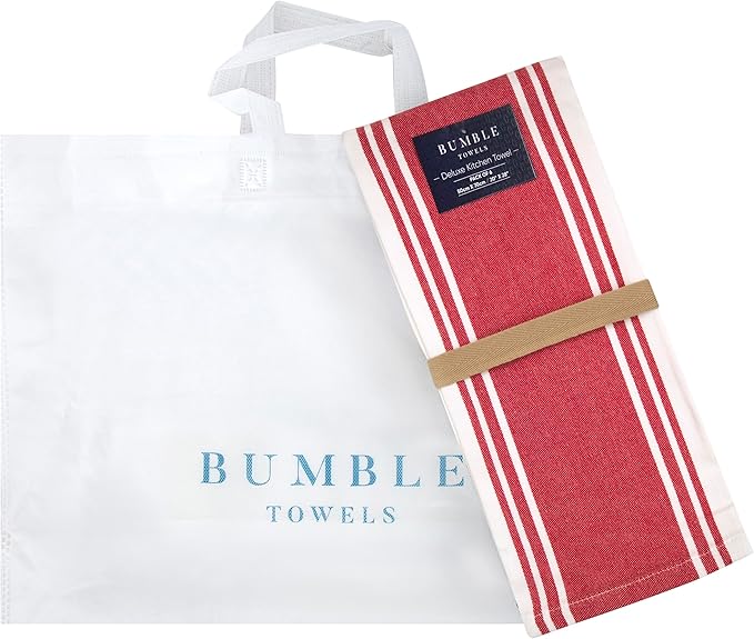Premium Kitchen Towels 6 Pack Large Cotton Hand Towels Flat Terry Absorbent Hanging Loop Wide Stripe Red 20x28