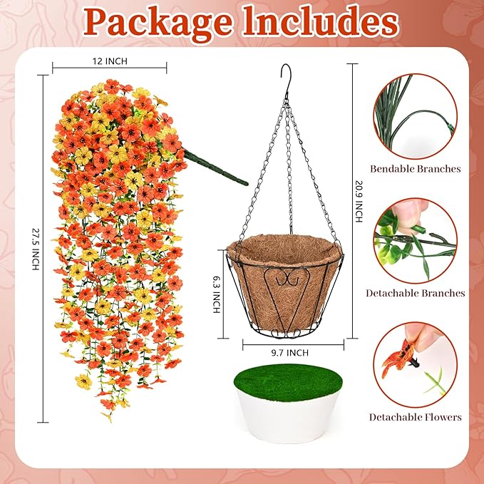 Yastouay Artificial Fall Hanging for Outdoors, Fake Hanging Plants Artificial Decor, Silk Orange Fake Mums Fall Flowers Artificial for Decoration Porch Front Door Yard Fall Decor