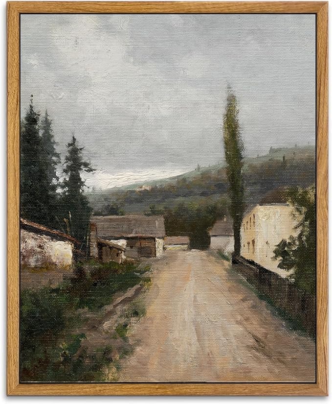 KBKBART Framed Wall Art, Vintage European Village Country Canvas Art Prints Farmhouse Decor, Vintage Oil Painting Picture, Rustic Landscape Wall Decor for Bathroom, Bedroom Living Room, Vintage Art(8"x10")