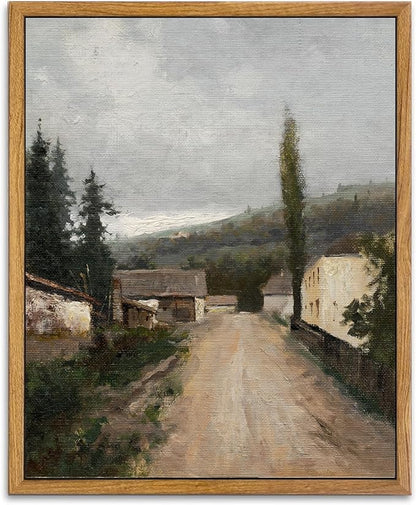 KBKBART Framed Wall Art, Vintage European Village Country Canvas Art Prints Farmhouse Decor, Vintage Oil Painting Picture, Rustic Landscape Wall Decor for Bathroom, Bedroom Living Room, Vintage Art(8"x10")