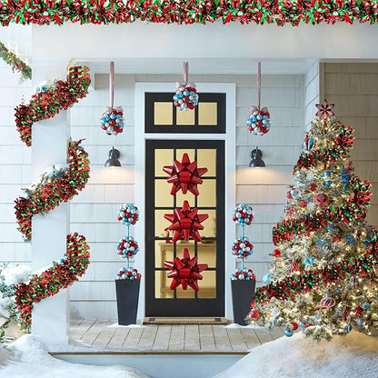 50Ft Christmas Tinsel Garland - Red Green Shiny Metallic Twist Decor for Christmas Tree Home Stairs Railing Front Door Mantle Fireplace Indoor Outdoor Holiday Party