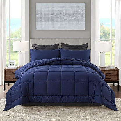 DOWNCOOL Blue Full Size Comforter Set - All Season Bedding with 2 Pillowcases - 3 Pieces - Down Alternative Comforter Set