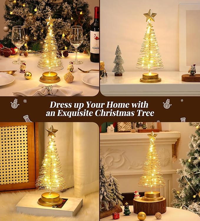 Lewondr Christmas Tree Light, 13 Inch Spiral Christmas Tree Desk Decorative Light, Battery Powered Star Table Lamp with Metal Stand Home Bedroom Decor Xmas Ornament, Gold