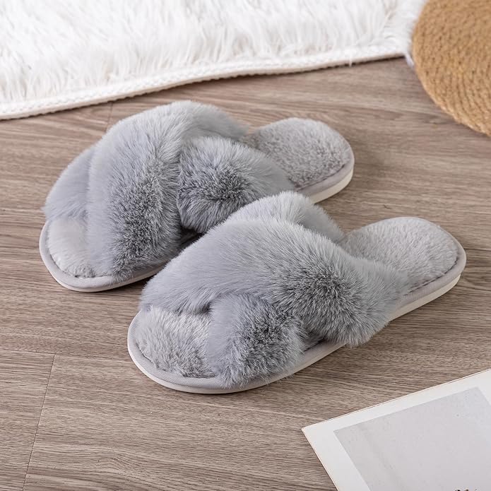 Women's Slipper Memory Foam Cross Band Fuzzy Slippers Open Toe Cozy House Slippers Cozy Plush Bedroom Indoor Outdoor