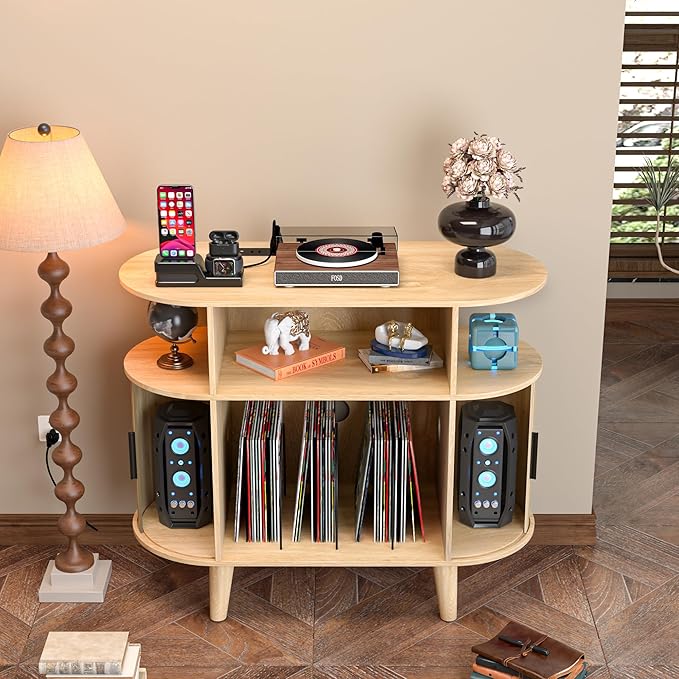 Large Round Record Player Stand with Charging Station & USB Ports，Record Storage Cabinet, Mid Century Modern Turntable Stand Console for Bedroom Living Room (Small Oak)