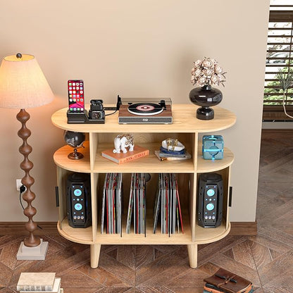 Large Round Record Player Stand with Charging Station & USB Ports，Record Storage Cabinet, Mid Century Modern Turntable Stand Console for Bedroom Living Room (Small Oak)