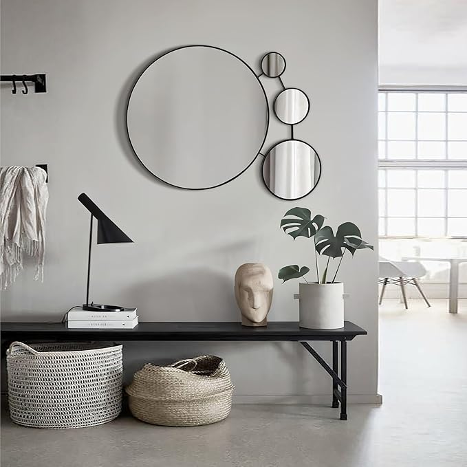 LuxenHome 34.5"x24.5" Circles Wall Mirror, Black Metal Frame Iron Loops Round Decorative Wall Decor, Modern Accent Mirror for Vanity Living Room Bedroom Bathroom Entryway Corner