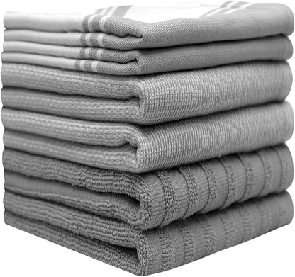 Premium Cotton Kitchen Towels 6 Pack Large Absorbent Flat & Terry Grey Stripe 20x28