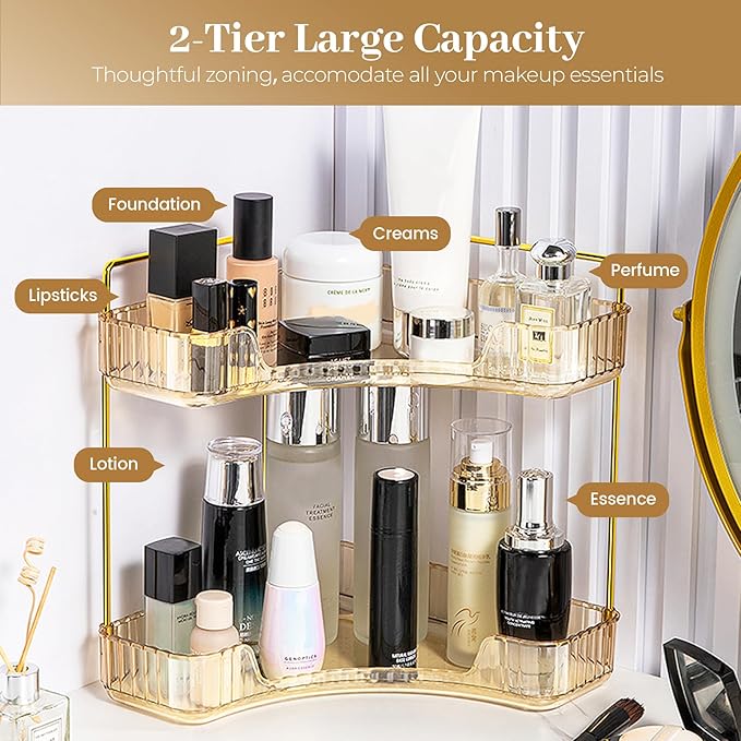 Aveniee Corner Bathroom Counter Organizer, Bathroom Countertop Shelf Makeup Organizer for Vanity Perfume Corner Storage (2 Tiers, Gold)