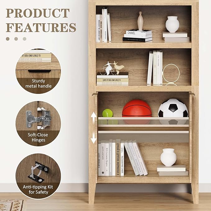 blini Arched Cabinet Bookshelf Oak Arch Bookcase with Doors, Wooden Curved Book Case 5-Tier Tall Round Top Bookshelves for Living Room