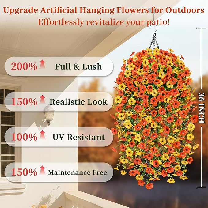 Yastouay 2 Pack Artificial Fall Hanging for Outdoors, Fake Hanging Plants Artificial Decor, Silk Orange Fake Mums Fall Flowers Artificial for Decoration Porch Front Door Yard Fall Decor